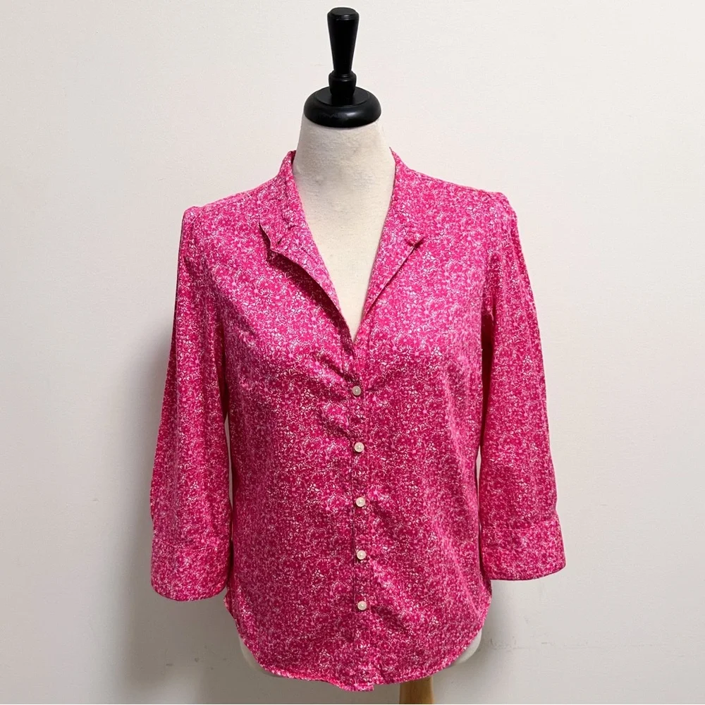 Lilly Pulitzer Pink Ivory Floral High V Neck Collar Button Up 3/4 Sleeve Blouse
